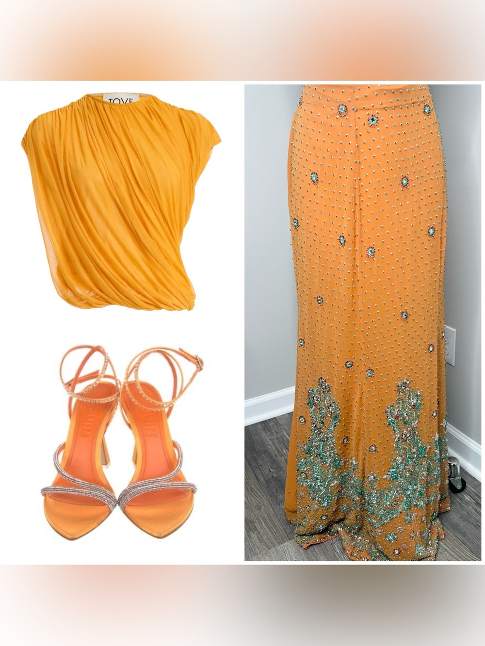 Custom Embellished Orange sequin beading Maxi Skirt / 18-20